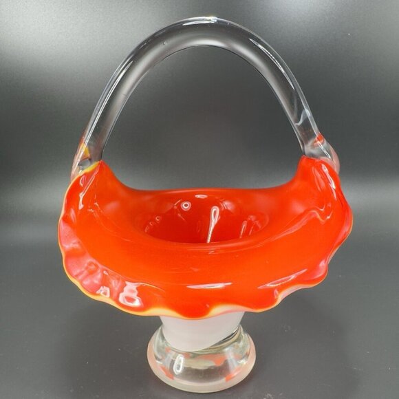 Vintage 1980s Venetian Art Glass Basket Bowl With Handle Red White Art Glass VTG - Picture 13 of 14